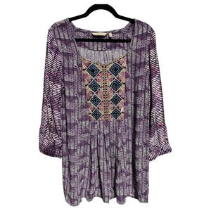 Soft Surroundings Top Womens Size Medium Purple Embroidered Sequin 3/4 Sleeve